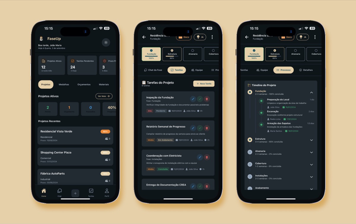 Interface completa do gestor FaseUp - Dashboard com visão de todas as obras