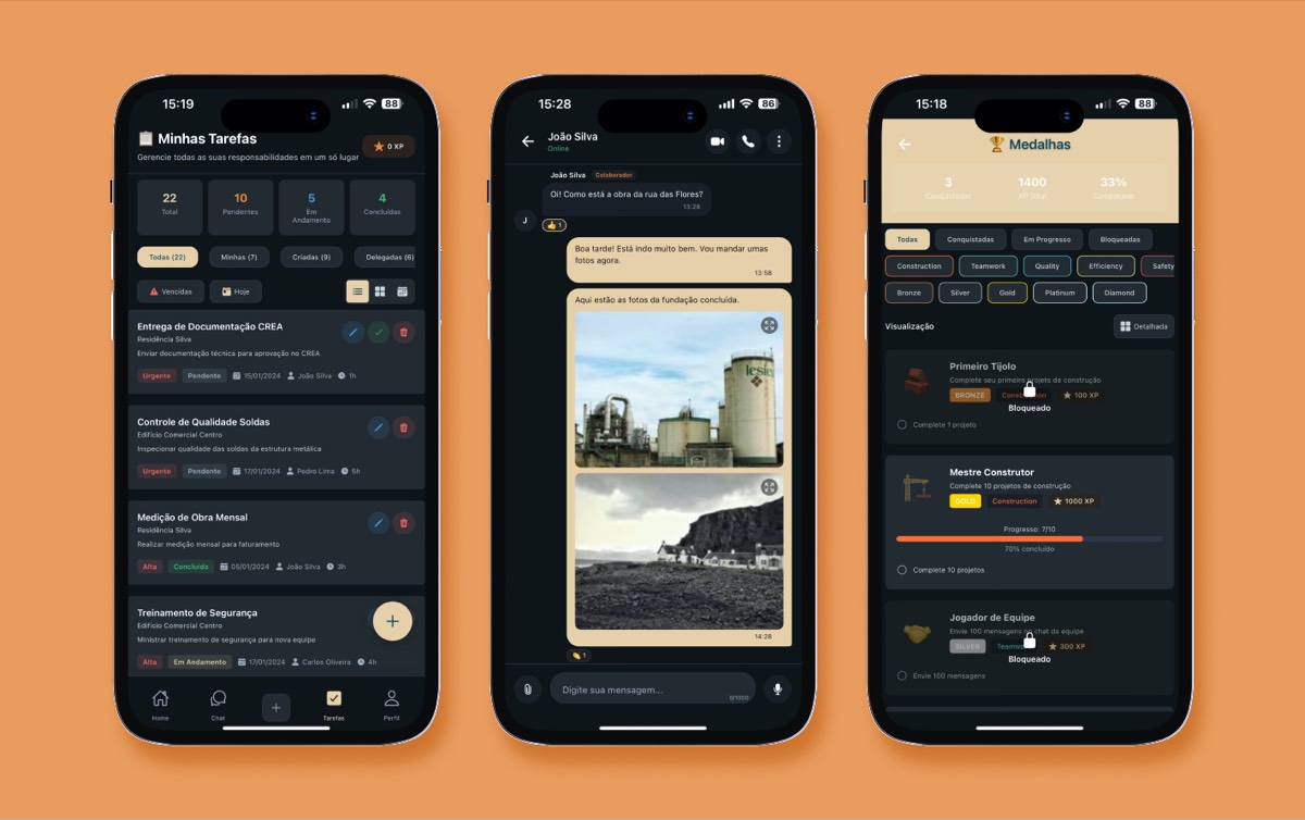 Interface mobile otimizada para operários - Tarefas claras e captura de fotos